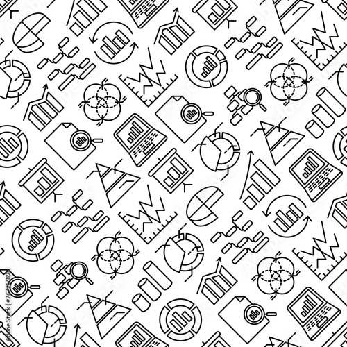 Analytics seamless pattern with thin line icons: diagram, chart, statistics, pyramid, business analysis. Modern vector illustration.