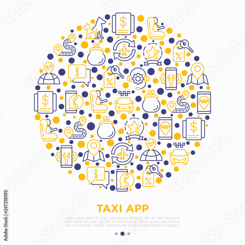 Taxi app concept in circle with thin line icons: payment method, promocode, app settings, info, support service, phone number, airport transfer, baby seat. Vector illustration for print media.