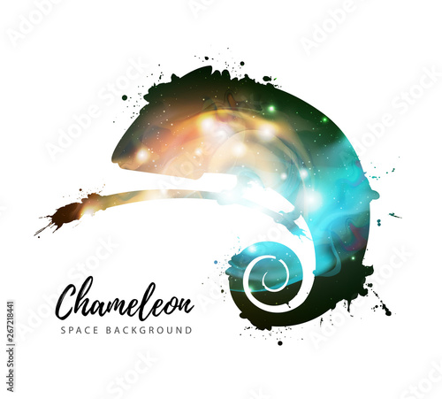 Artistic silhouette of animal chameleon on open space background.