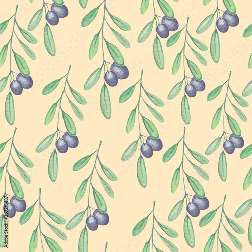 Fototapeta Naklejka Na Ścianę i Meble -   Beautiful olive plant pattern watercolor illustration