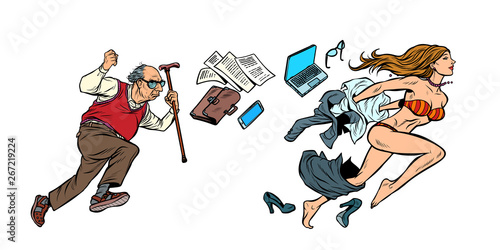 Discrimination against women. The old man is chasing a beautiful girl. Archaic and emancipation