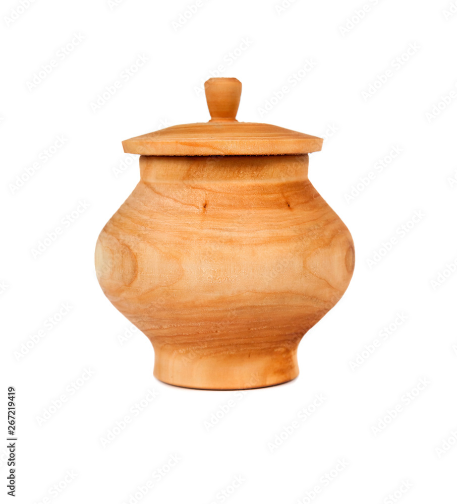 Wooden pot with lid isolated on white background