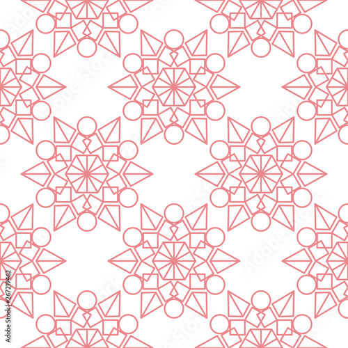  Geometric seamless pattern. Mixed shape pink ornament on white background