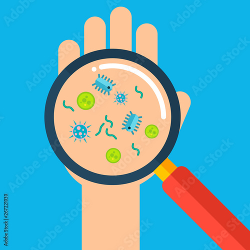 Hand germs under magnifier glass concept.
