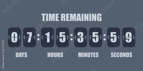 Flip countdown clock counter timer. Vector time remaining count down flip board with scoreboard of day, hour, minutes and seconds for web page upcoming event template design, under constuction page.