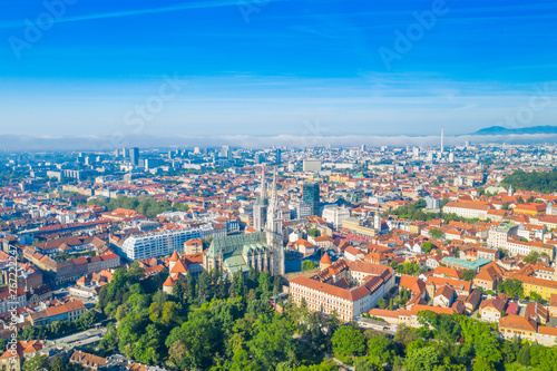 Zagreb, capital of Croatia, city center aerial view from drone, cathedral, Ribnjak park and Upper town © ilijaa