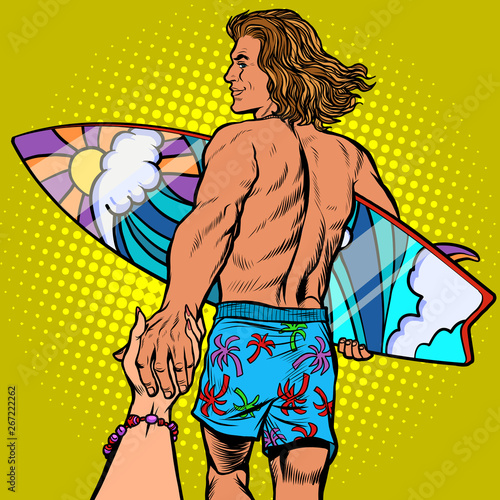 follow me long haired surfer man with Board