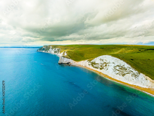 Aerial Old Harry Rocks white cliffs aerial bournemouth, England, United Kingdom