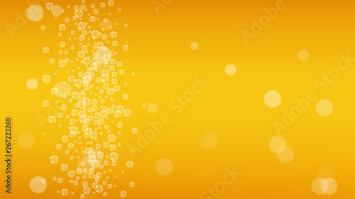 Craft beer background. Lager splash. Oktoberfest foam. Pour pint of ale with realistic white bubbles. Cool liquid drink for pub banner concept. Yellow glass with craft beer background.