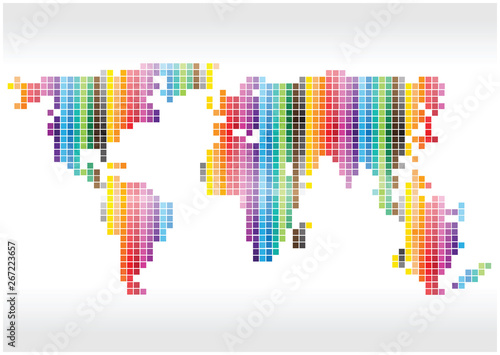 Bright abstract vector world map silhouette background. Color abstrac world map silhouette of rainbow squares isolated on white background.