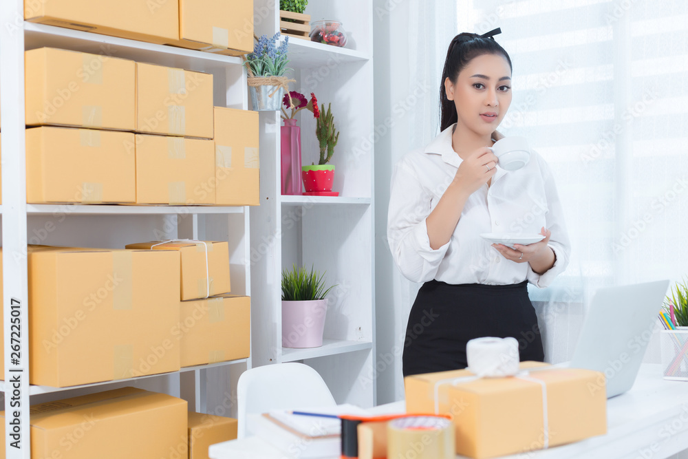 business owner working at home office packaging on background business owner working at home office packaging on background