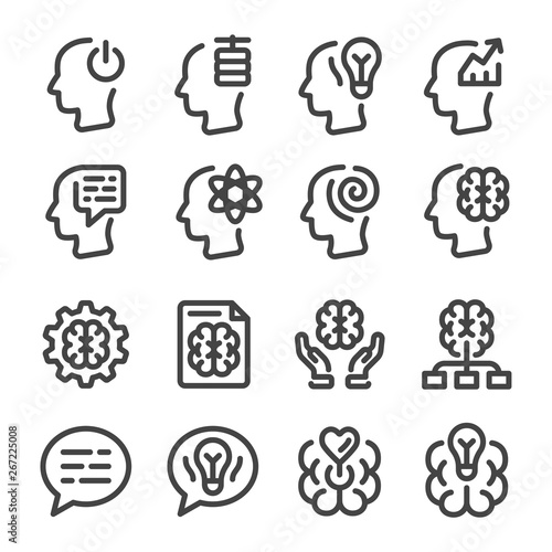mind and brain line icon set