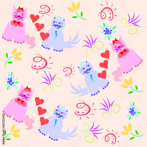 Cats and flowers print pattern.