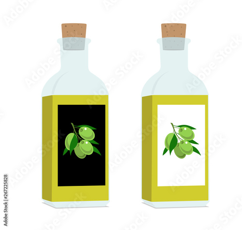 Set of isolated bottles of olive oil. Black and white bottle labels. Flat style vector illustration.
