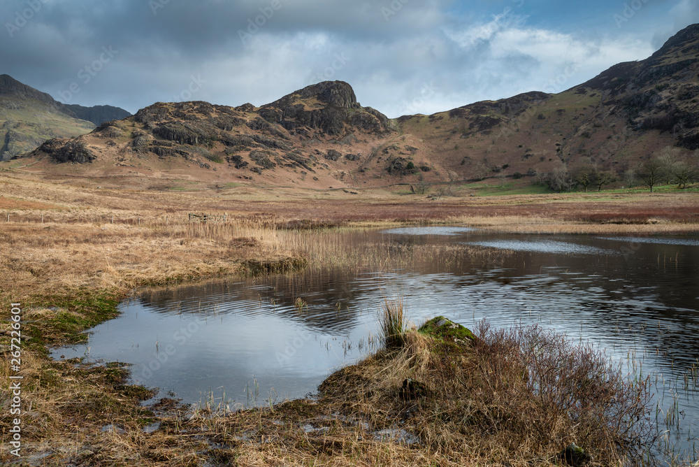 Beautiful vibrant sunrise landscape image of Blea Tarn in UK Lake District with Langdales Range in background