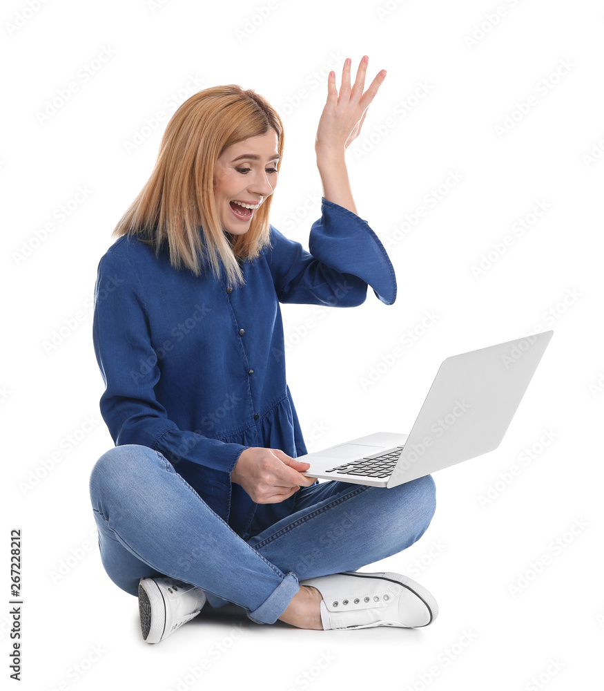 Woman using laptop for video chat isolated on white Woman using laptop for video chat isolated on white