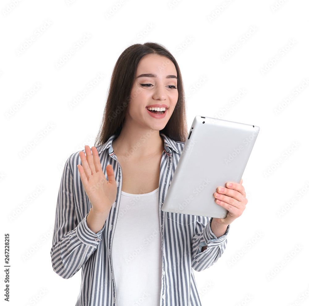 Woman using tablet for video chat isolated on white Woman using tablet for video chat isolated on white