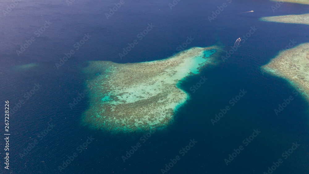 Coral reefs and blue sea, view from above. Philippine nature aerial view
