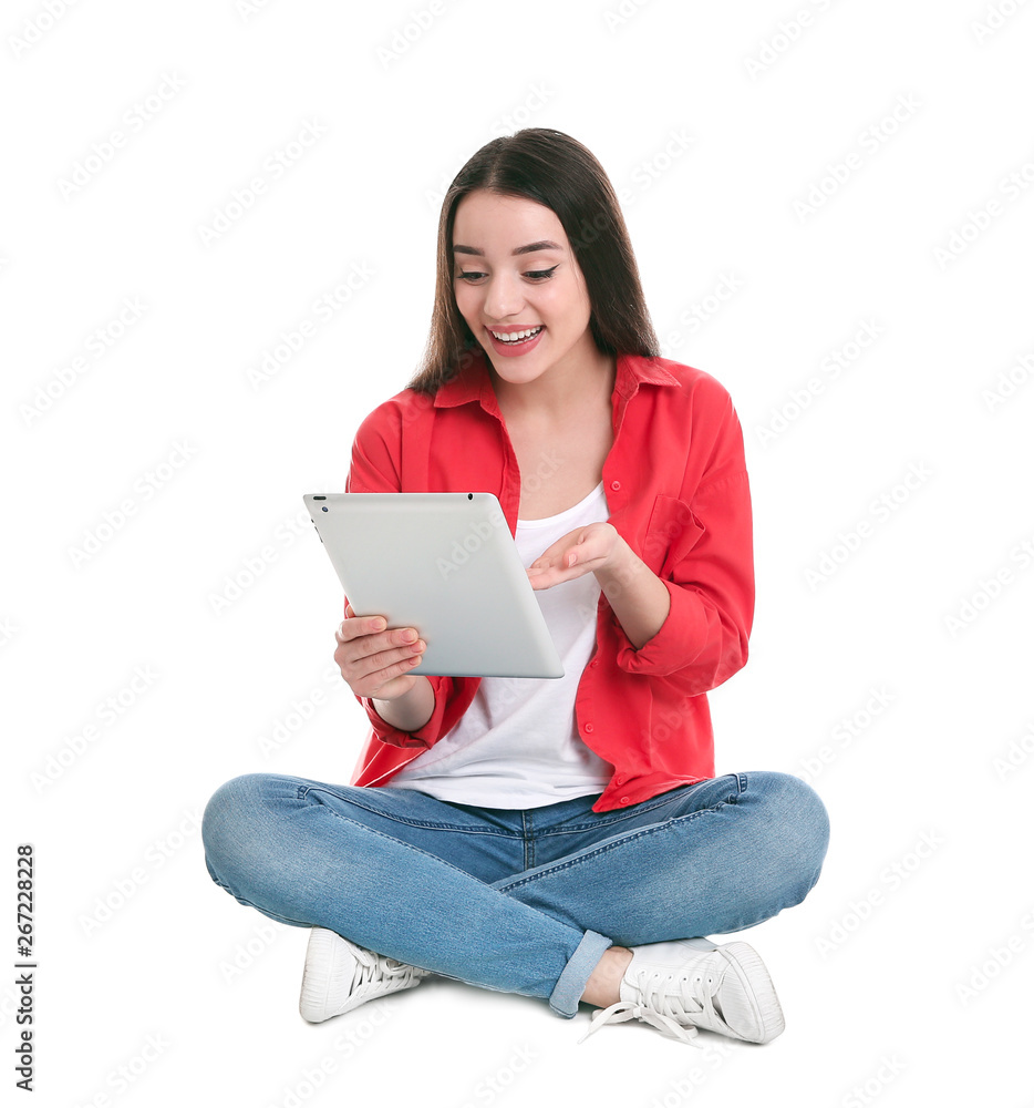 Fototapeta premium Woman using tablet for video chat isolated on white