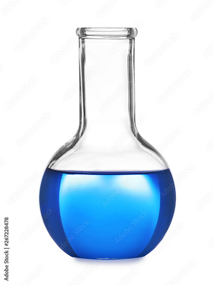 Glass flask with liquid on white background. Solution chemistry Glass flask with liquid on white background. Solution chemistry