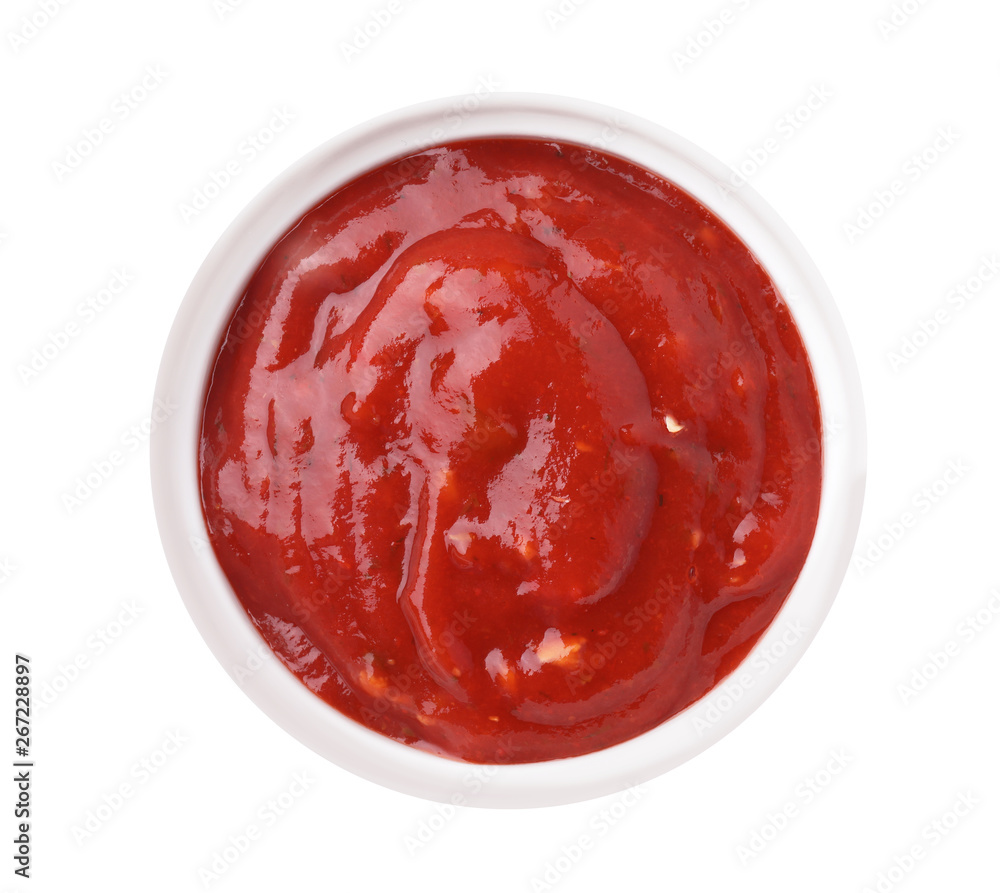Bowl with red sauce isolated on white, top view