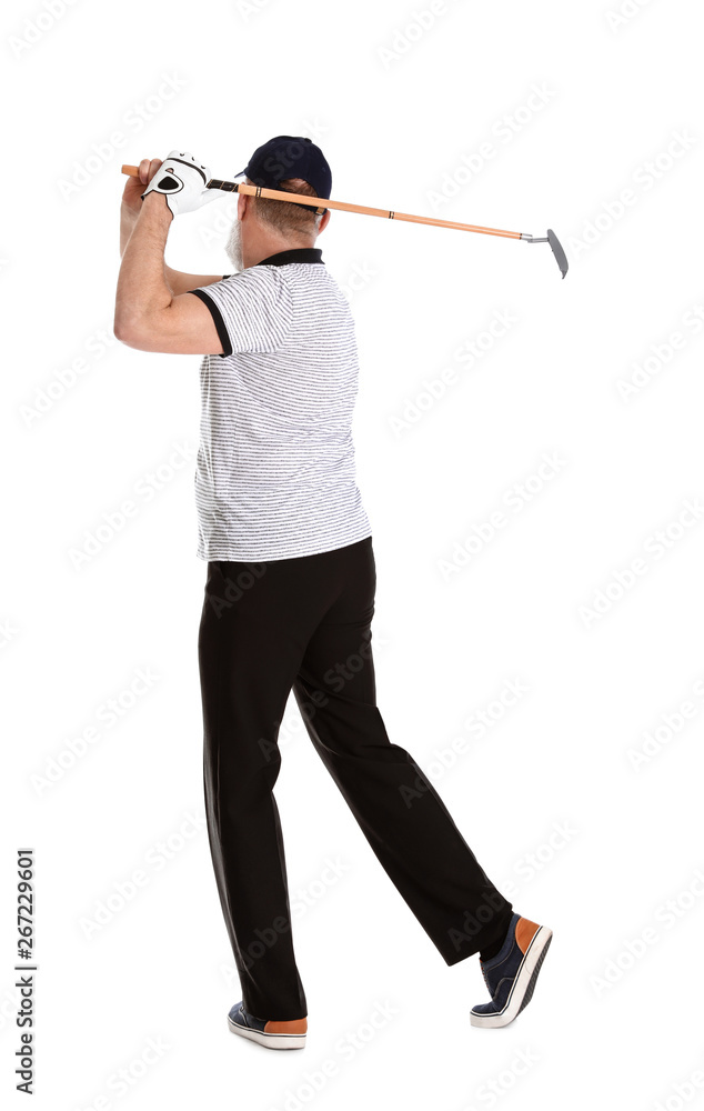 Senior man playing golf on white background Senior man playing golf on white background