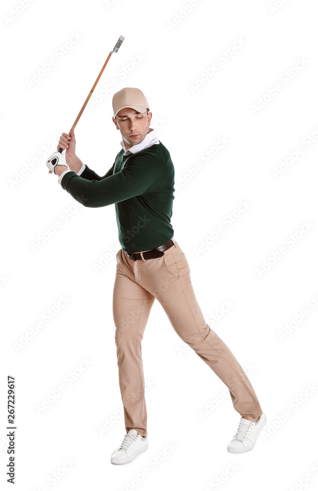 Young man playing golf on white background Young man playing golf on white background
