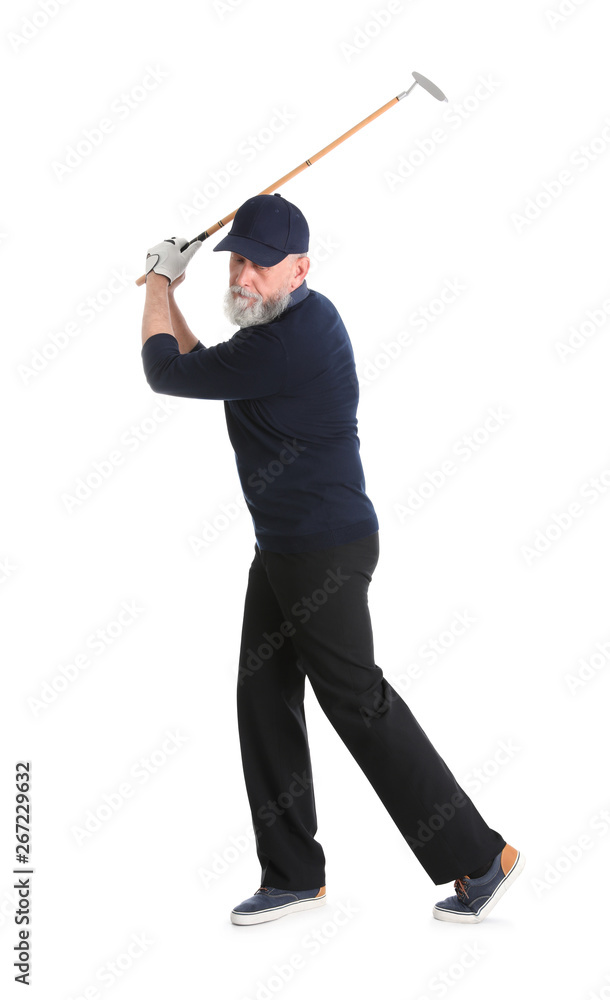 Senior man playing golf on white background Senior man playing golf on white background