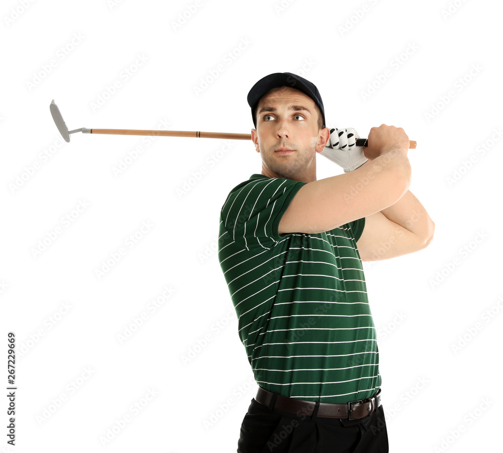 Young man playing golf on white background Young man playing golf on white background