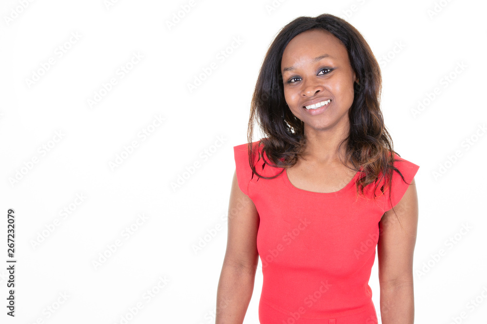 Beautiful woman american african with long hair in white background with side copy space Beautiful woman american african with long hair in white background with side copy space