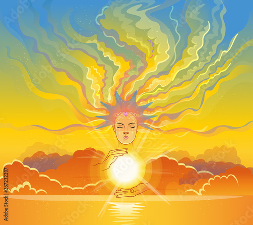 Portrait of a girl with diadem. She is holding the sun, her hair is clouds. Vector illustration.