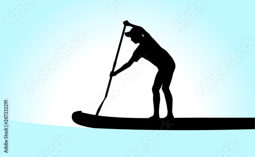 Silhouette of a boy Stand Up Paddling. Portrait of a young person on blue background.