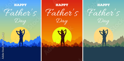 Set of greeting card with lettering Happy Father's Day and silhouette of father and son on background of adventure landscape with mountains, forest, sun and sky. Dad and child in nature at sunset.