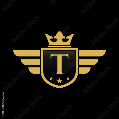 T initial wing with shield and crown, Luxury logo design vector
