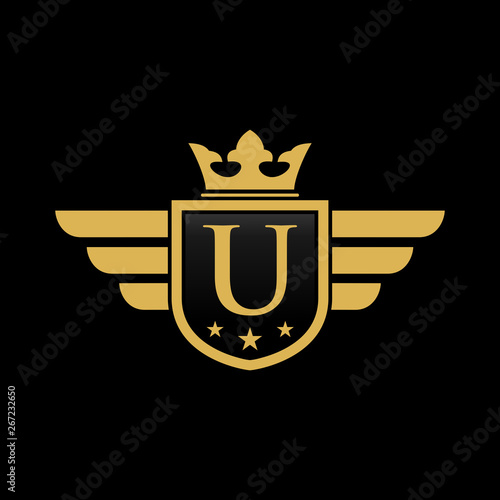U initial wing with shield and crown, Luxury logo design vector