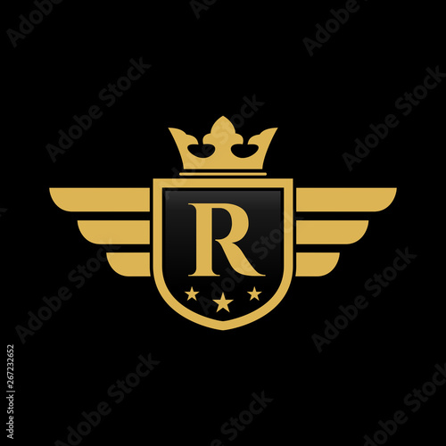 R initial wing with shield and crown, Luxury logo design vector