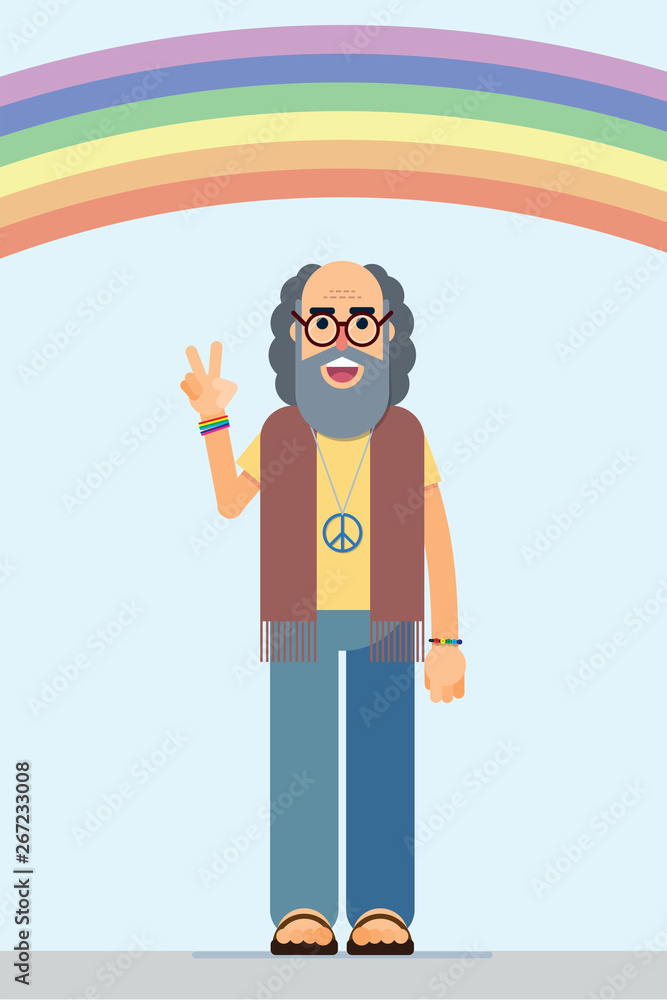 illustration of a smiling hippie with the peace symbol