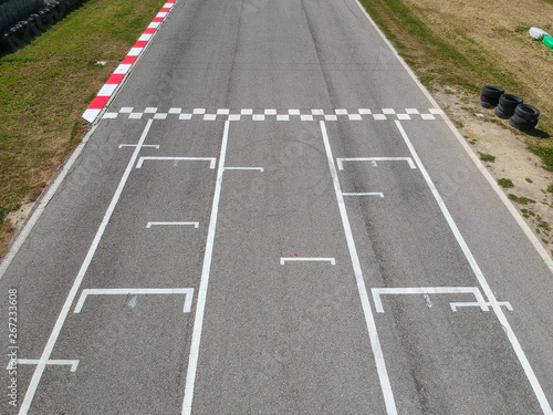 Race track with starting or end line  aerial view background