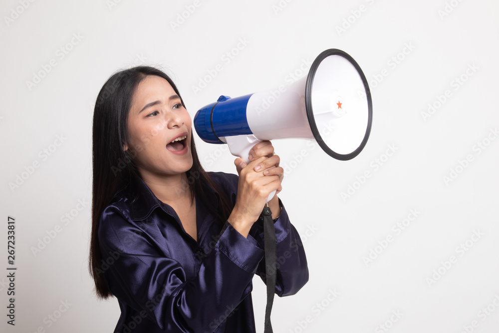 Beautiful young Asian woman announce with megaphone. Beautiful young Asian woman announce with megaphone.