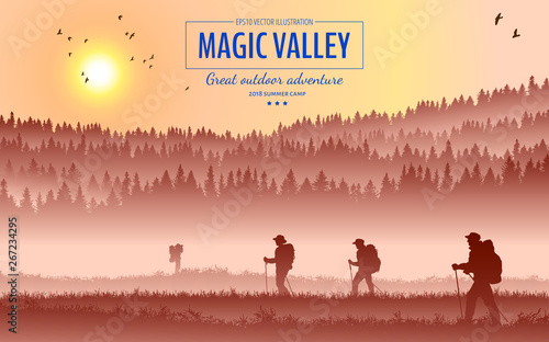 Abstract background. Forest wilderness landscape. People with backpacks silhouettes. Template for your design works. Hand drawn vector illustration.