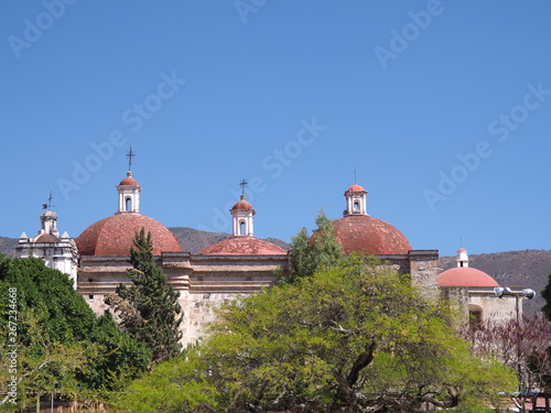 Fous on San Pedro church in Mitla city at archeological site of Zapotec culture in Oaxaca landscape in Mexico photo