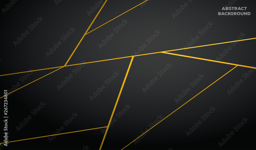 Abstract 3d background with black paper layers. Vector geometric illustration of carbon sliced shapes textured with golden glittering dots. Graphic design element. Elegant decoration