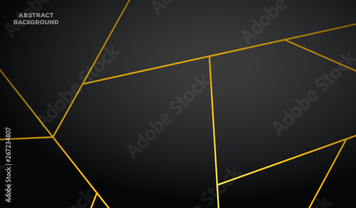 Abstract 3d background with black paper layers. Vector geometric illustration of carbon sliced shapes textured with golden glittering dots. Graphic design element. Elegant decoration