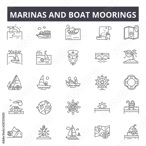 Marinas and boat moorings line icons, signs, vector set, outline concept, linear illustration