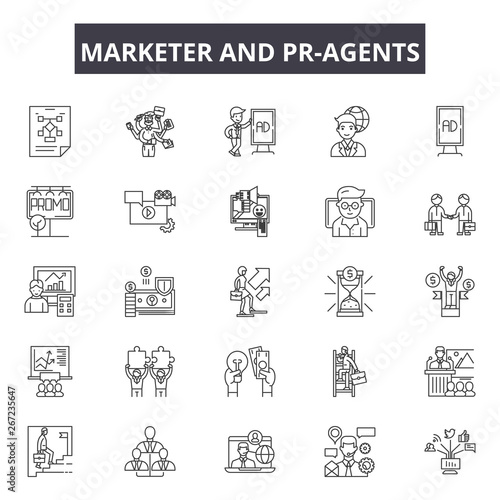 Marketer and pr-agents line icons, signs, vector set, linear concept, outline illustration
