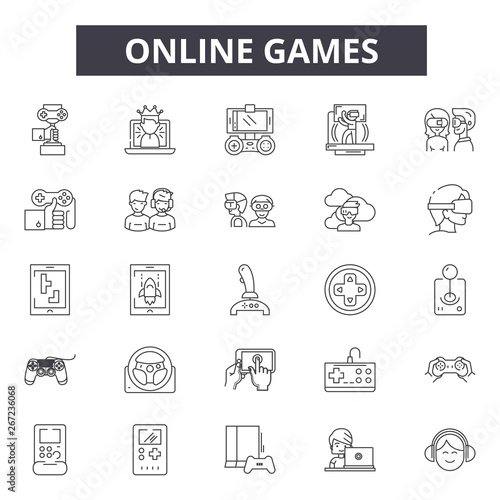 Online games line icons, signs, vector set, outline concept, linear illustration