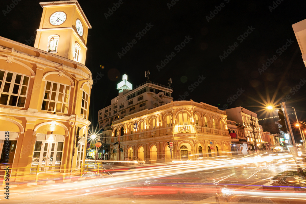 Old building in night time phuket town Thailand