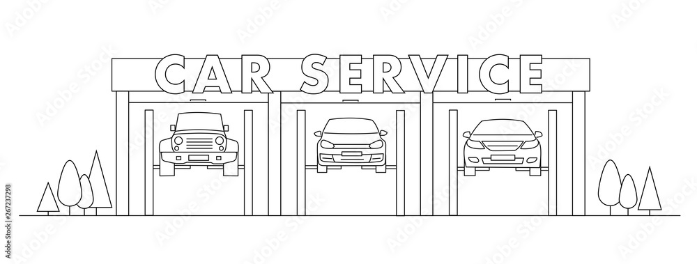 Car service linear illustration with cars hanging on hydraulic car lift