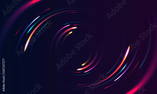 Neon lights in motion moving by circle shape, bright light graphic with sparks
