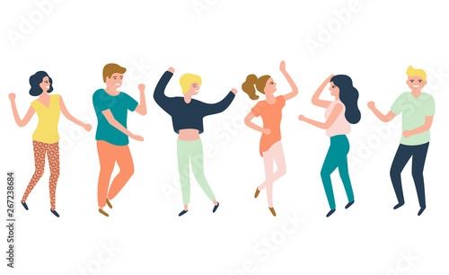 Young happy woman and man dancing to party music. Stylish human at festival event, outdoor concert or club dance floor. Vector flat illustration
